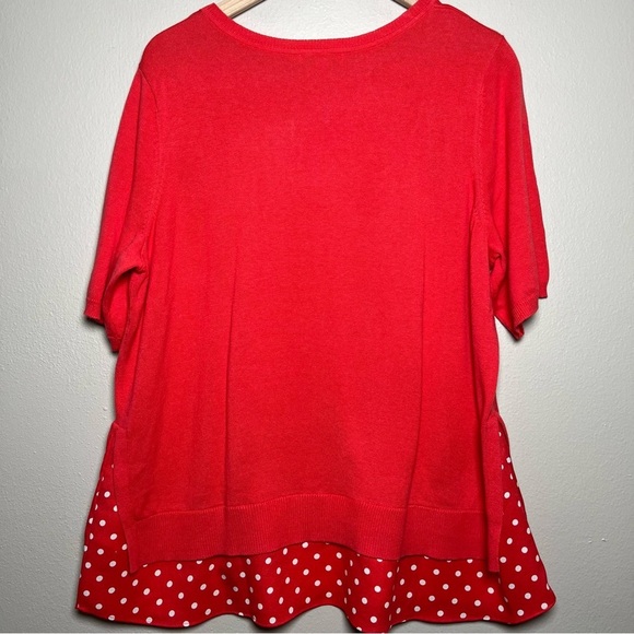 NEW Isaac Mizrahi Women Knit Top‎ 1X Hot Pink Red Mixed Media Polka Dot Trim - Picture 5 of 8